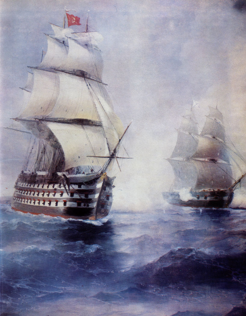 Two Turkish Warships Attacking the Mercury Brig. 1892  Oil on canvas. (fragment)