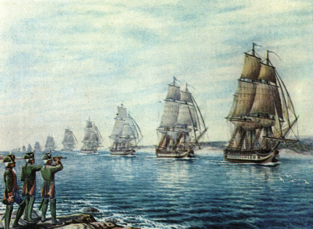 Эскадра вице-адмирала Ф. А. Клокачева входит в Ахтиарскую бухту 2 мая 1783 г. Акварель Е. Августиновича